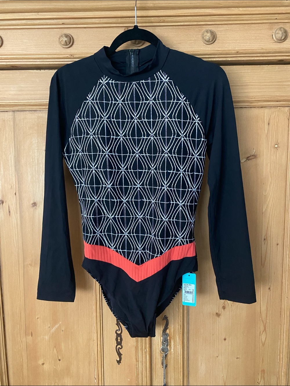 Seafolly Black One-Piece Long Sleeve Rash Guard with Coral Accent